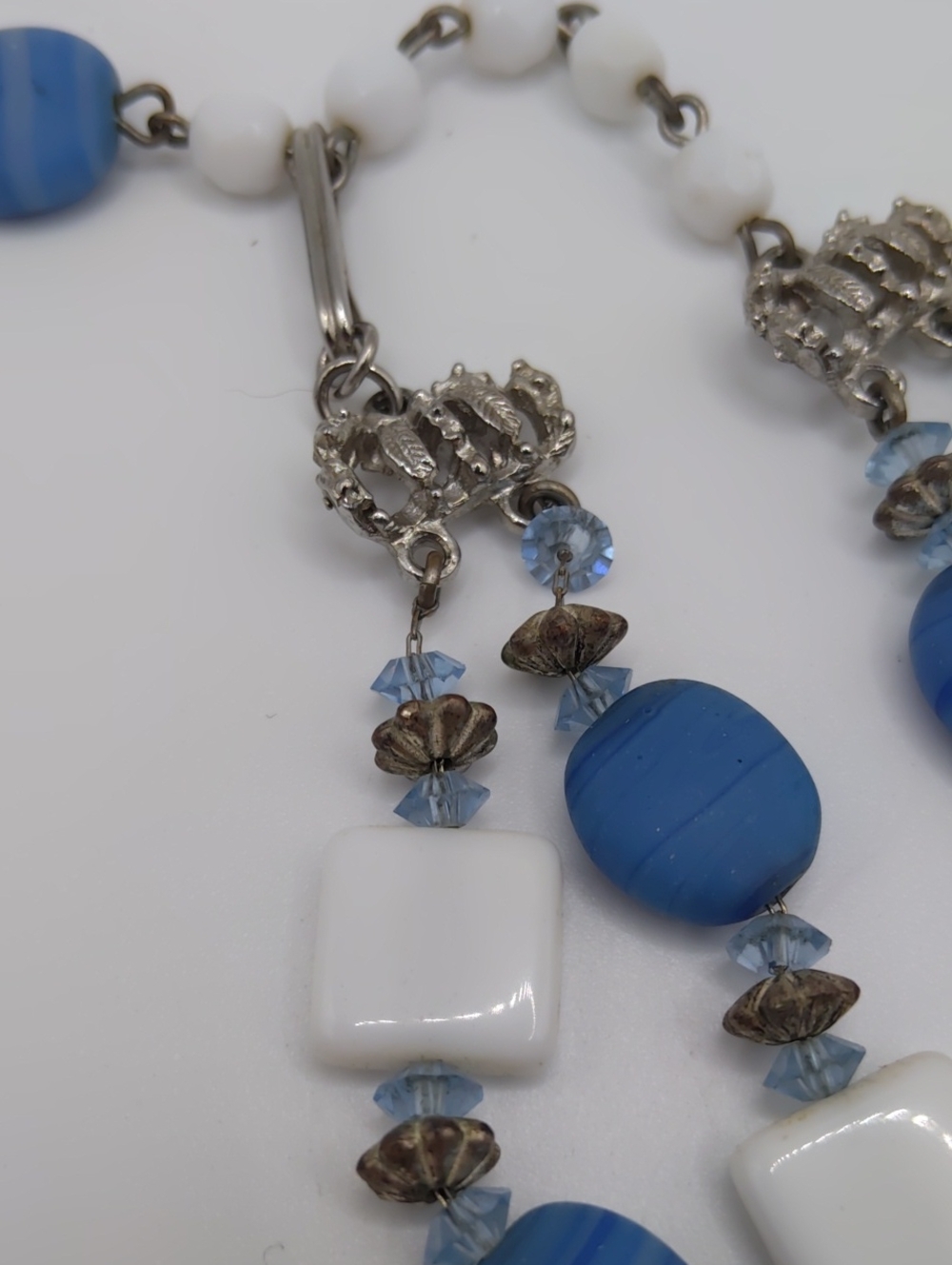 Hobé Blue Art Glass and White Milk Glass Double Strand Necklace - Picture 8 of 8